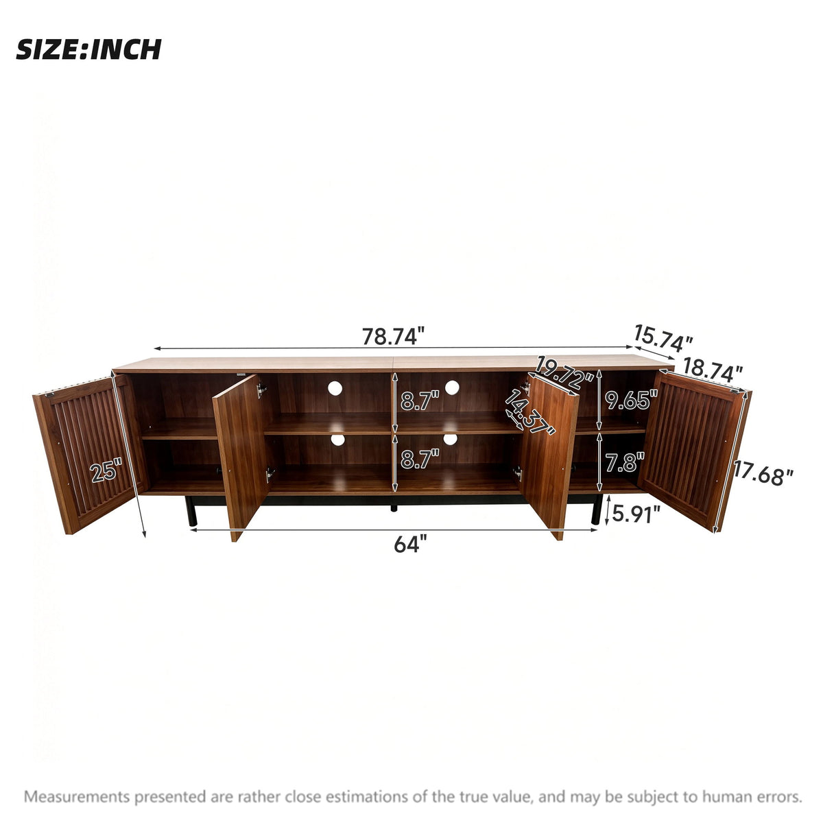 Walnut TV stand size chart showing overall measurements and interior layout.