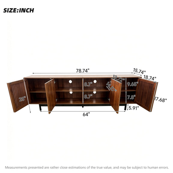 Walnut TV stand size chart showing overall measurements and interior layout.