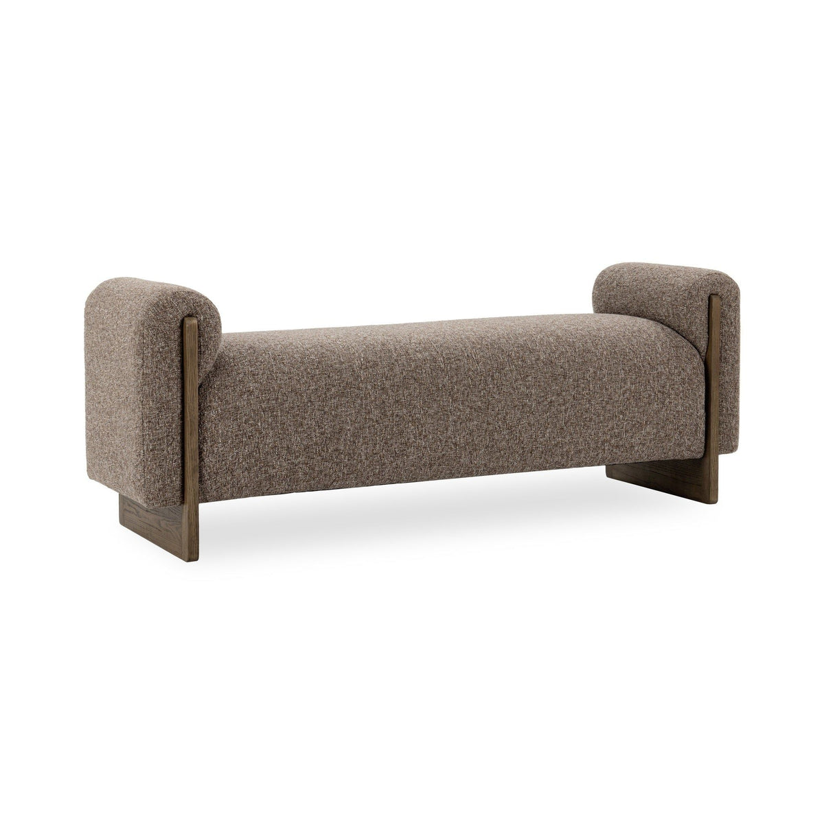 Upholstered bench with wide armrests, medium-brown textured fabric and dark wood legs