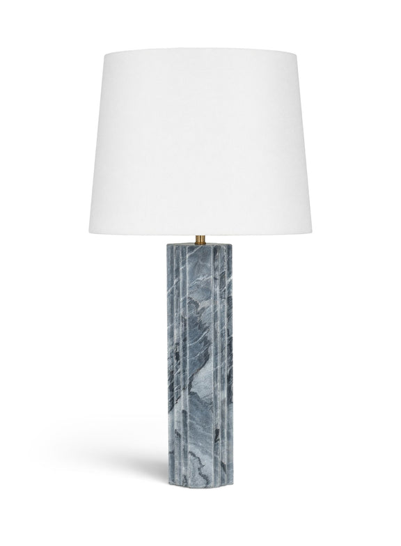 Table lamp with white fabric shade and blue-gray textured stone base