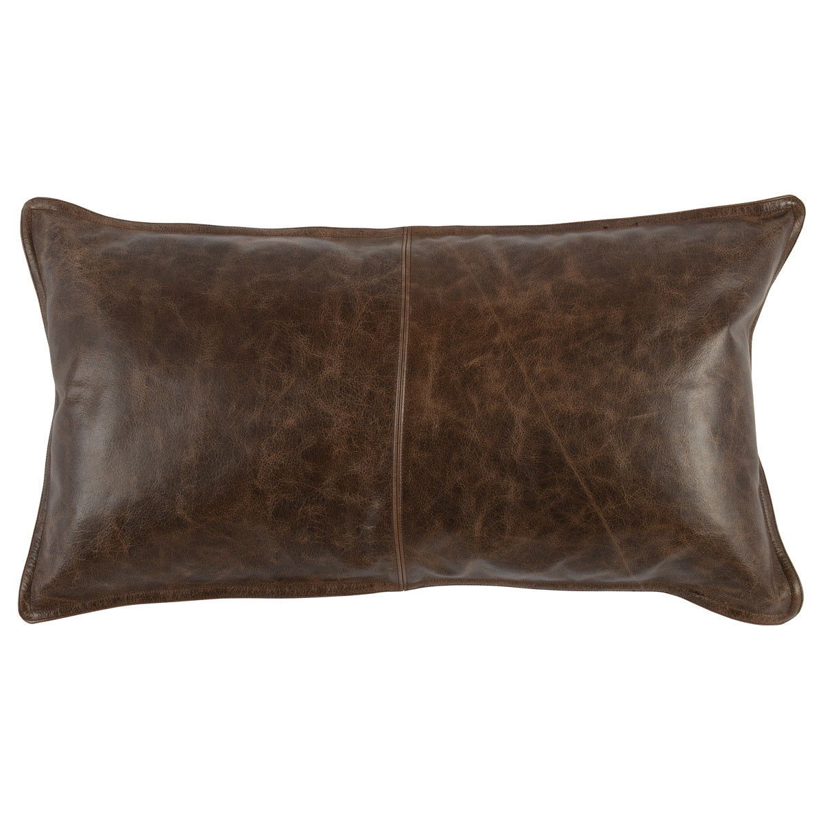 Cocoa brown leather lumbar pillow with central stitched seam and piped outline.
