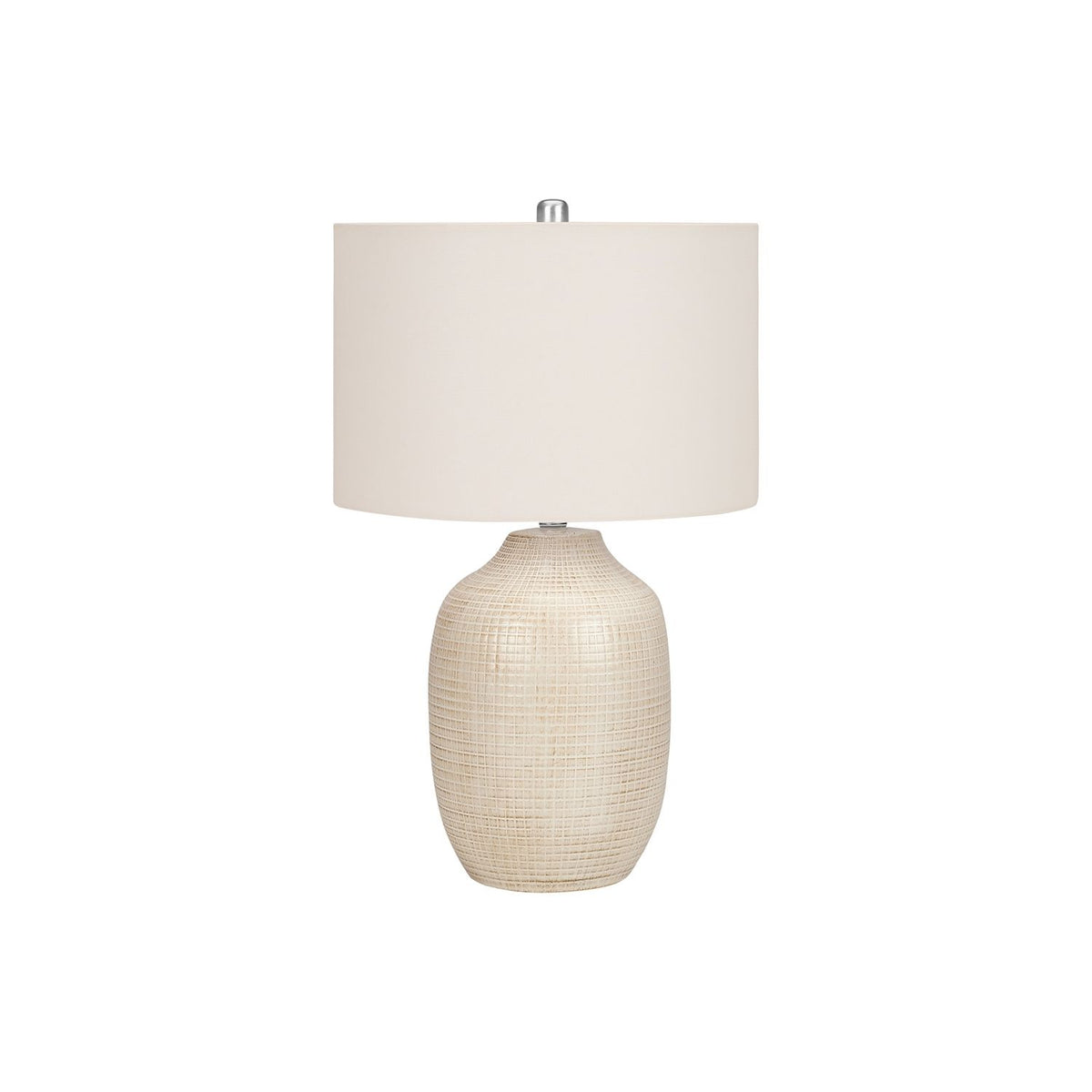 Cream ceramic table lamp with textured beige base and white fabric drum shade