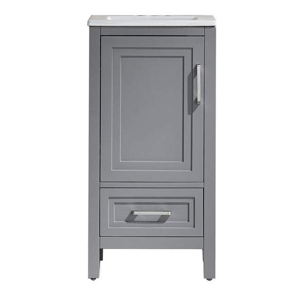 Gray 18-inch bathroom vanity with white ceramic sink, paneled cabinet door, and lower drawer
