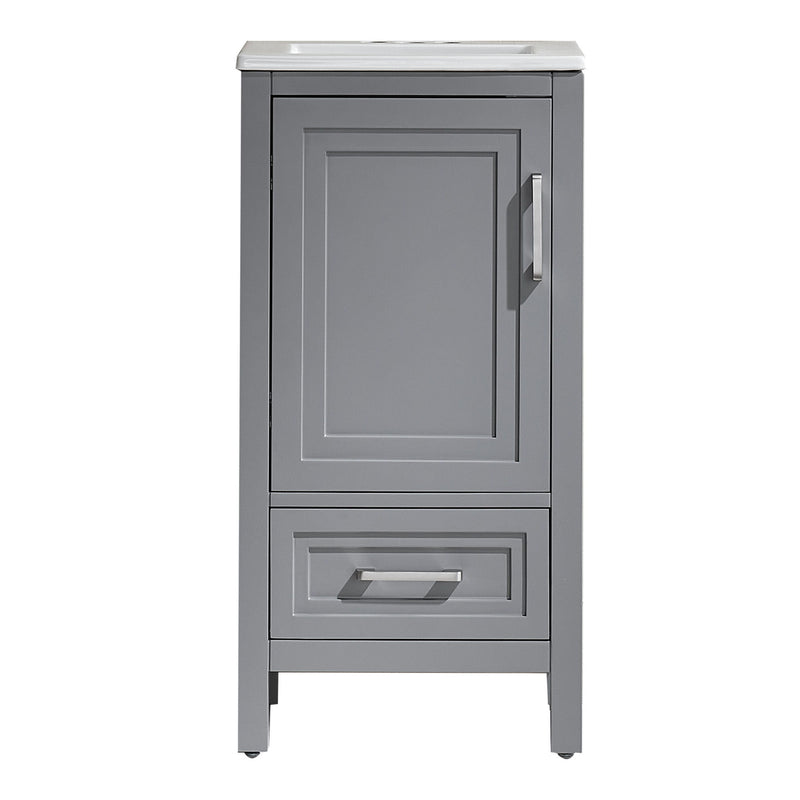 Gray 18-inch bathroom vanity with white ceramic sink, paneled cabinet door, and lower drawer