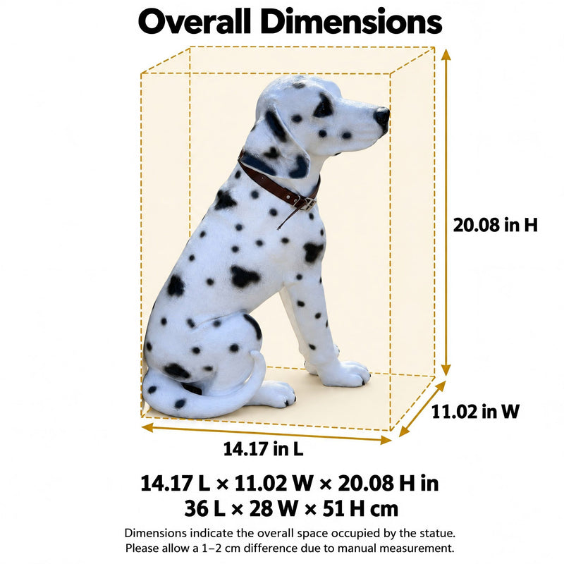 Seated Dalmatian statue with black spots and brown collar; 20.08 inches tall