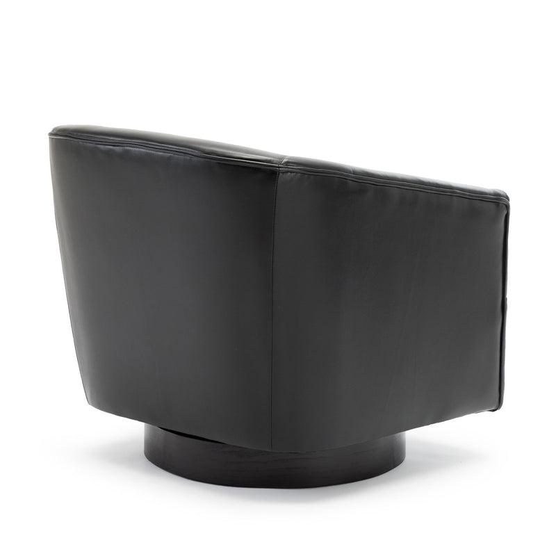 Black faux leather swivel chair side view with rounded back and black base