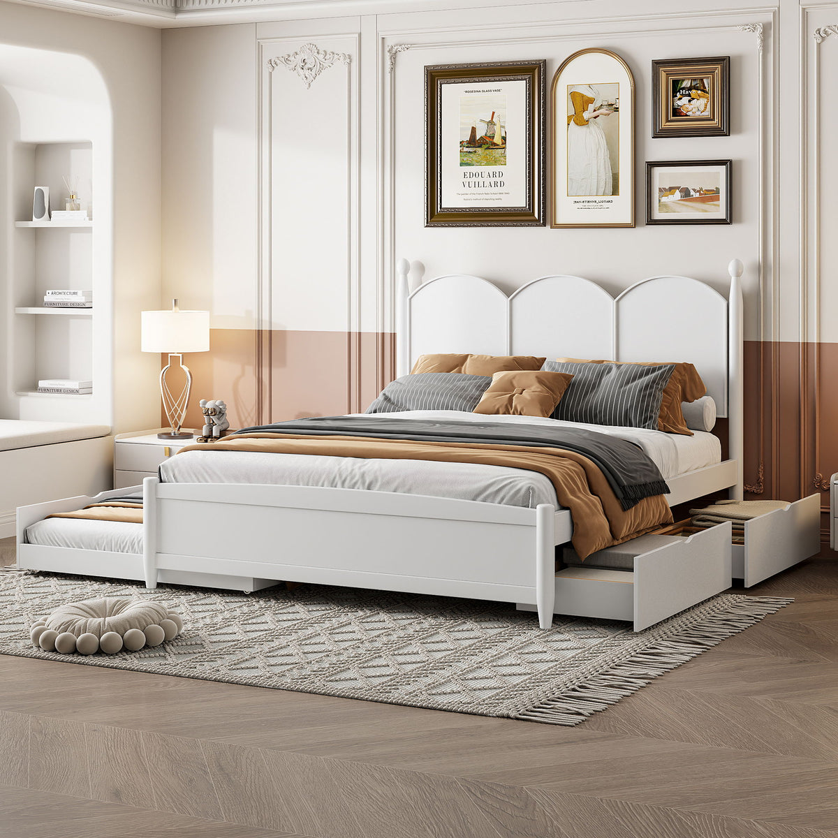 White queen platform bed with arched headboard and low side rails