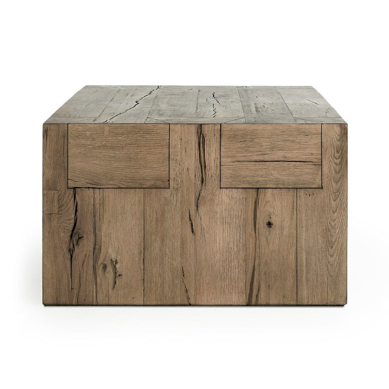 Reclaimed oak table with two front drawers, flat top, rustic plank panels
