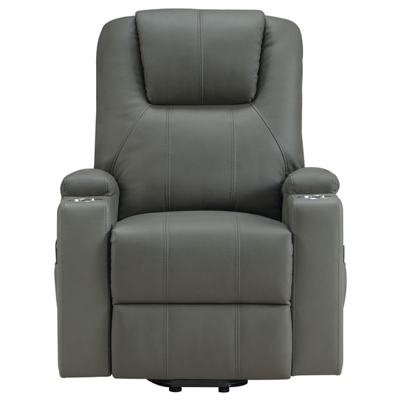 Dark gray massage recliner with heat and dual cupholders, front view.