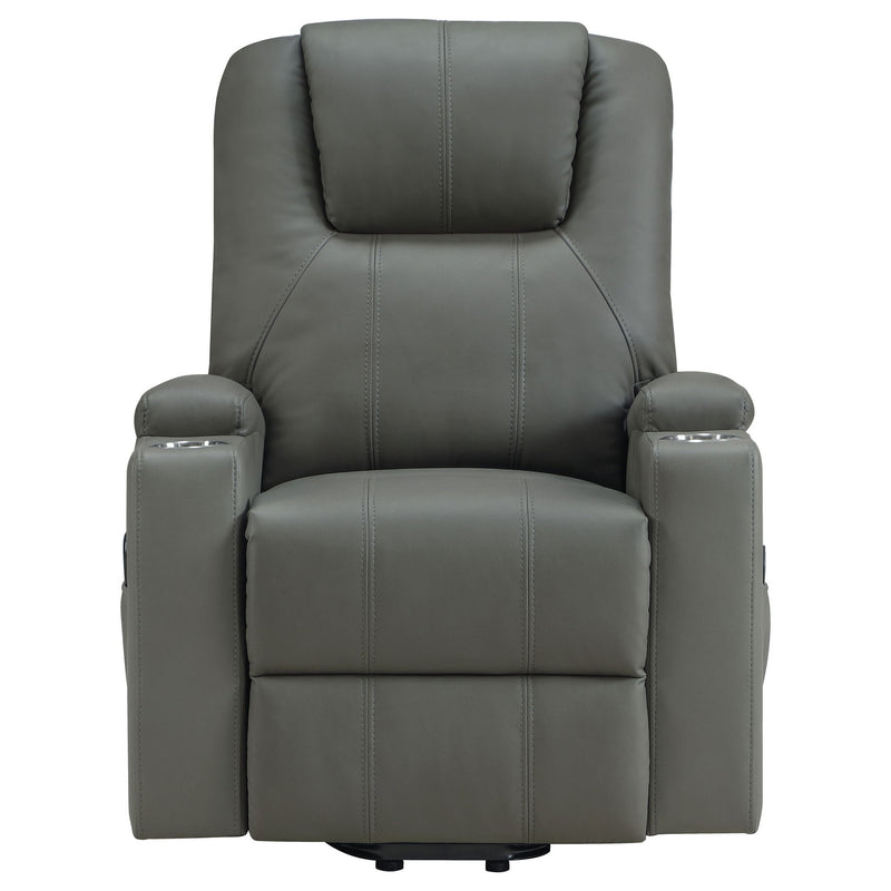 Dark gray massage recliner with heat and dual cupholders, front view.