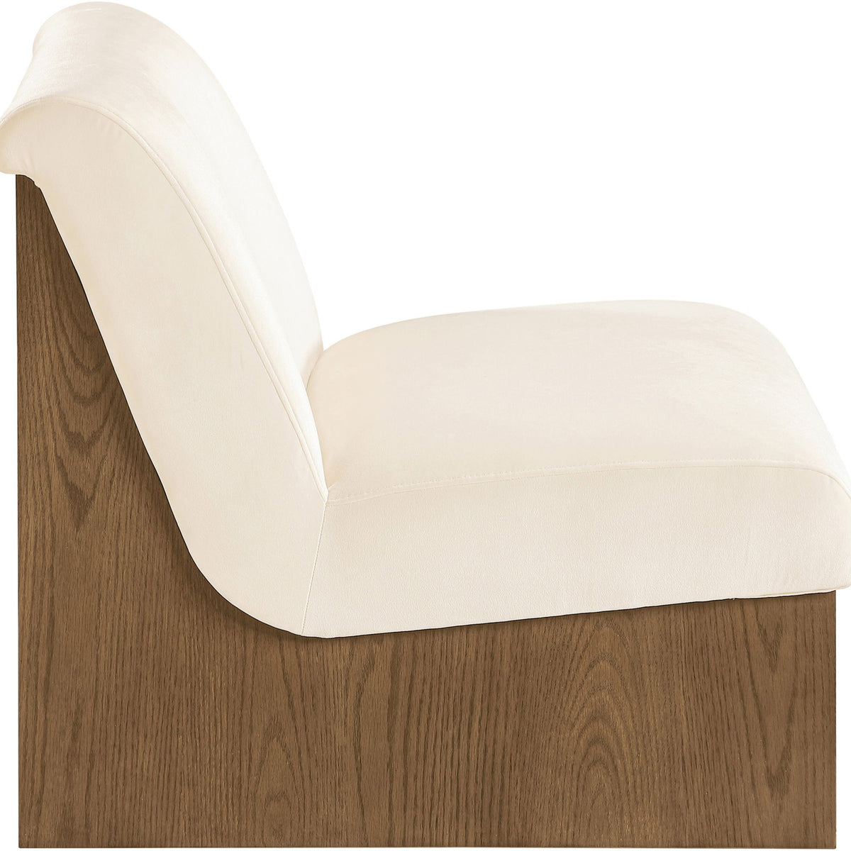 Velvet performance accent chair with light cream upholstery and dark wood base