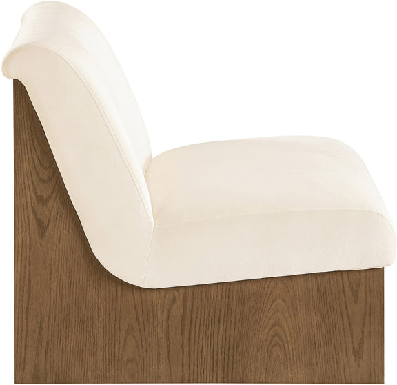 Velvet performance accent chair with light cream upholstery and dark wood base