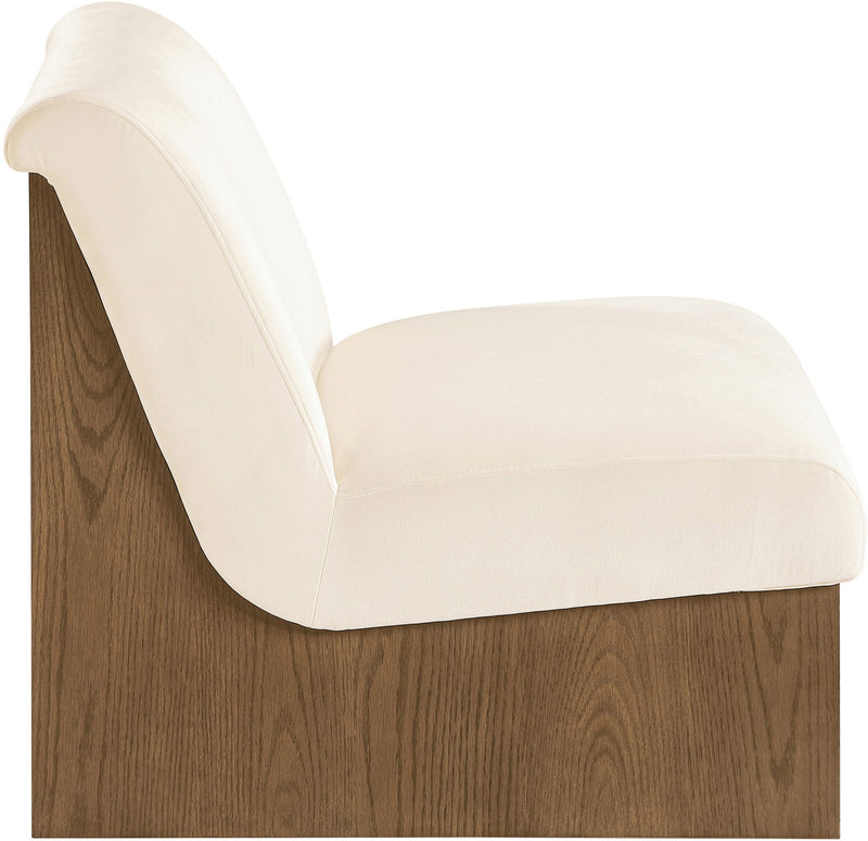 Velvet performance accent chair with light cream upholstery and dark wood base