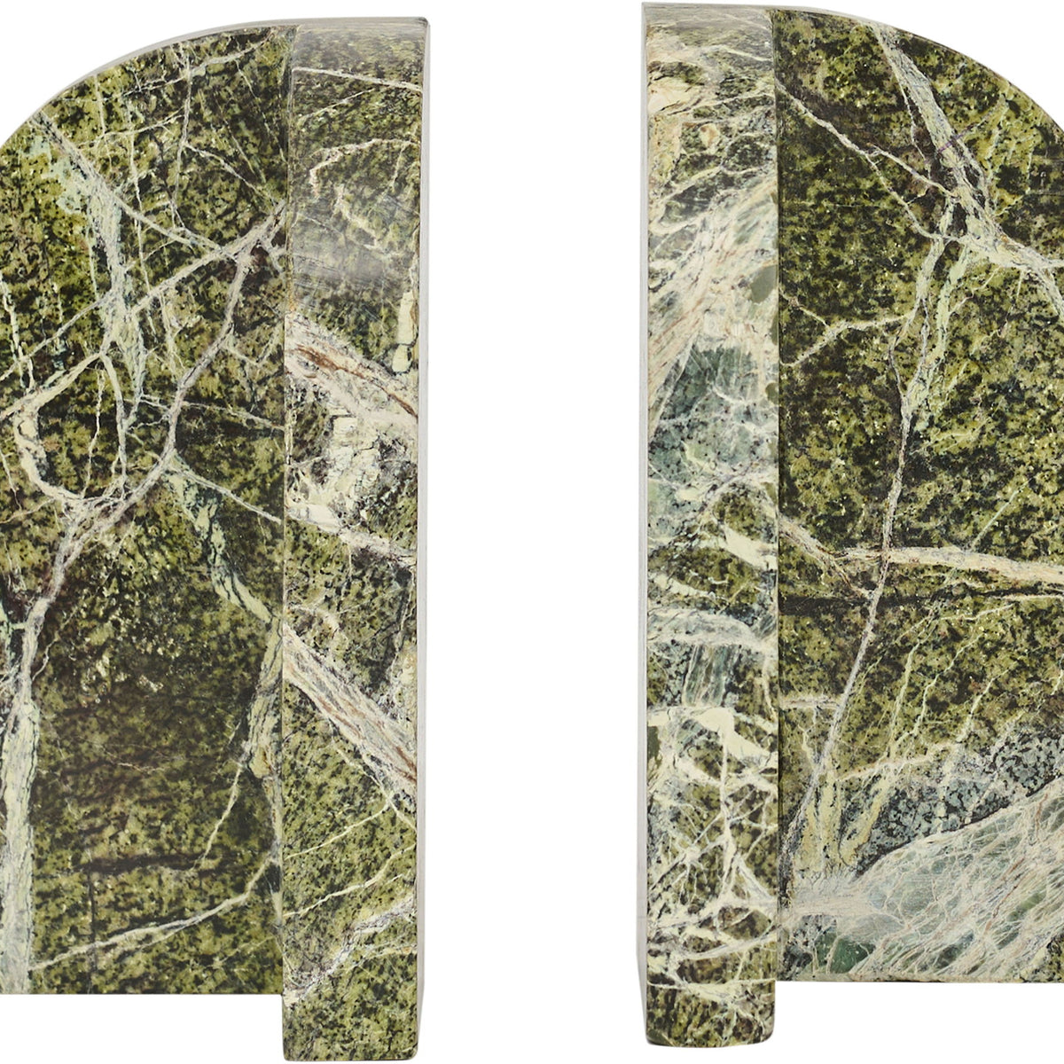Genuine marble bookends in green and pale stone with intricate veining.
