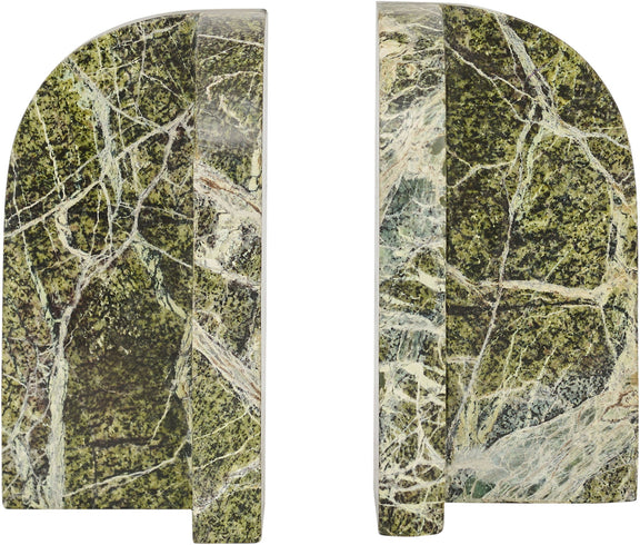 Genuine marble bookends in green and pale stone with intricate veining.