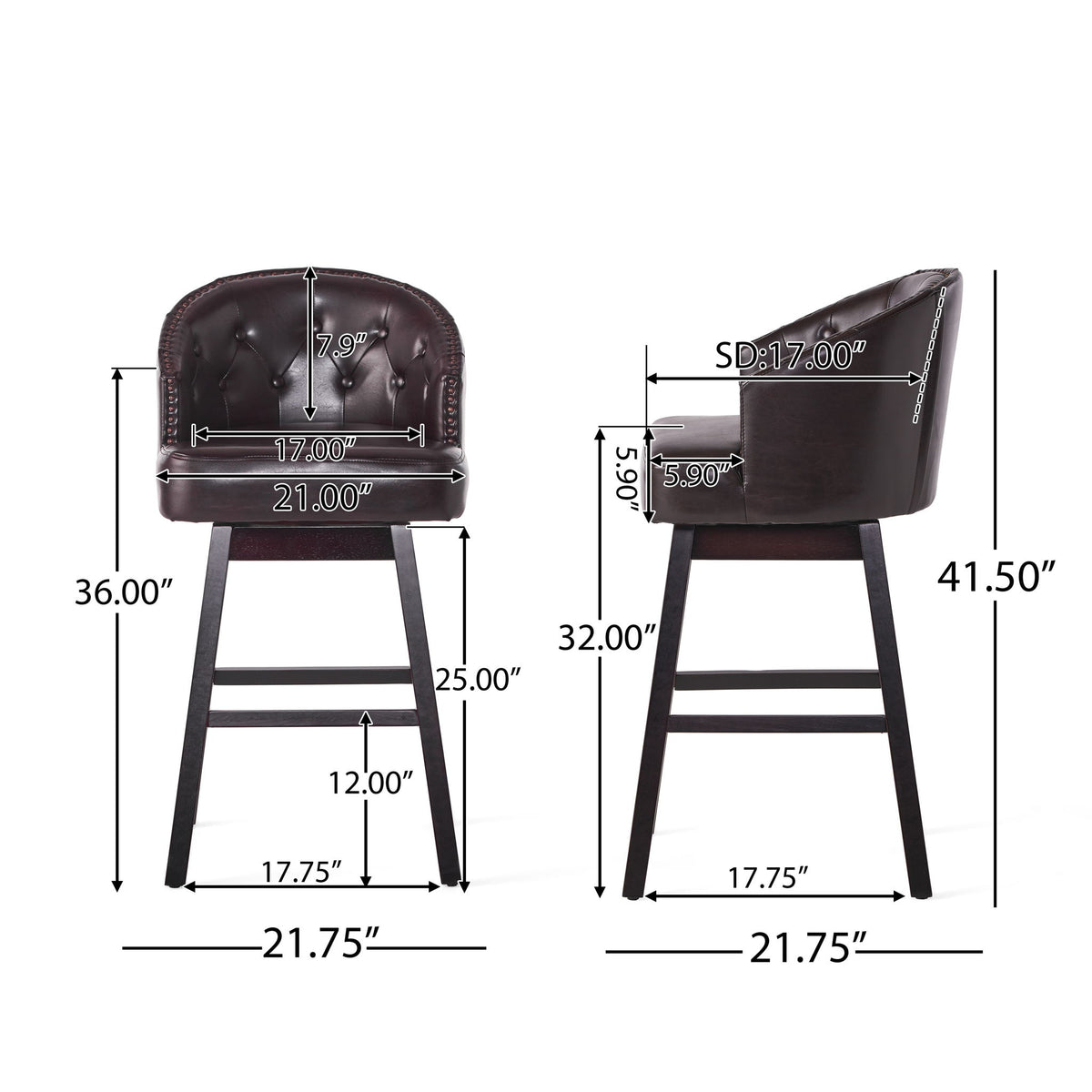 Mellifluous - 360 Degree Swivel Bar Stool With Stunning Nailhead Trim, (Set of 2)