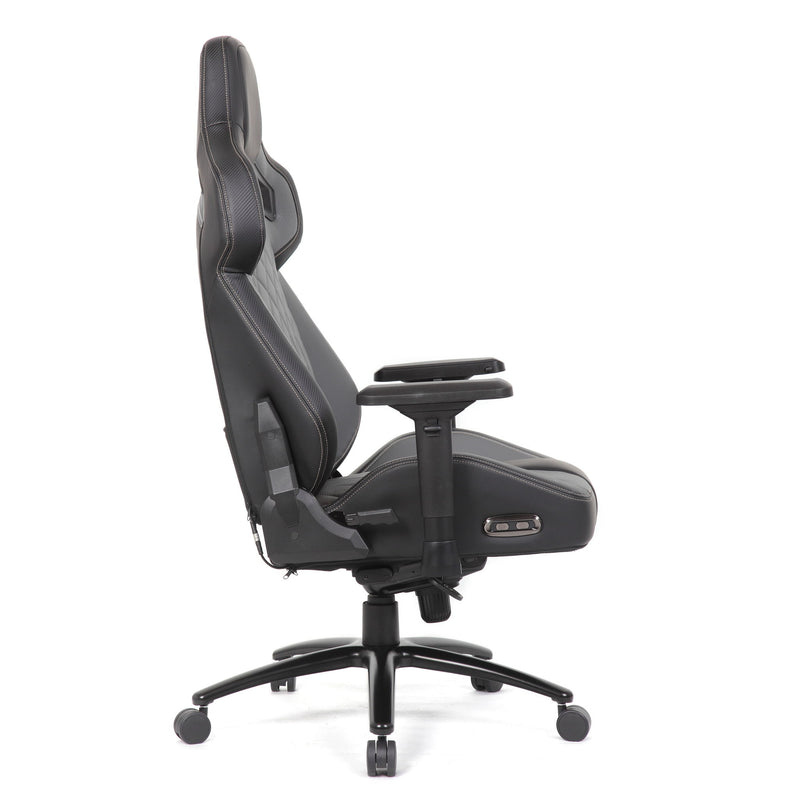 Black and gray high-back office chair with side armrest and rolling caster base