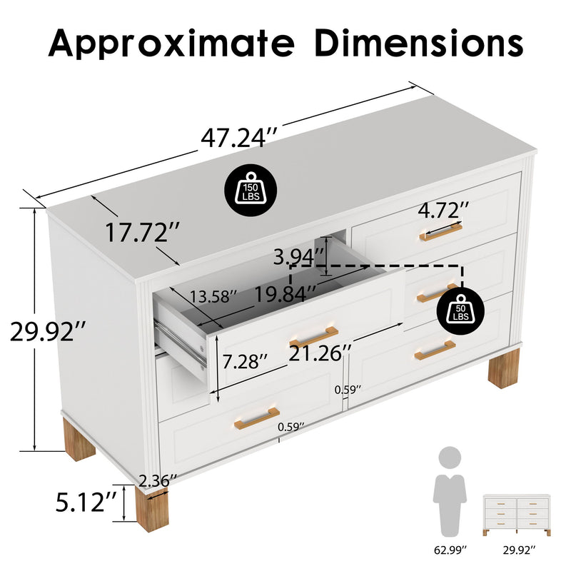 White double dresser dimensions diagram with six drawers and gold-tone bar handles.