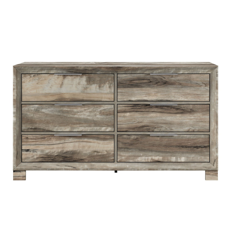 Wood dresser with six horizontal drawers and metal pulls, distressed gray-brown.