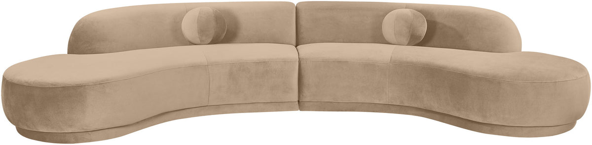 Beige velvet sectional sofa, low profile with rounded chaise and bolster cushions