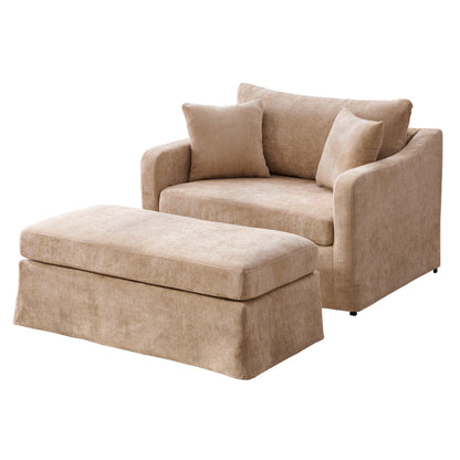 Modern Upholstered Farmhouse Performance Accent Chair with 43.9' Wide Chenille Ottoman, Black Metal Legs, Two Bolster Pillows in Wheat, Chenille