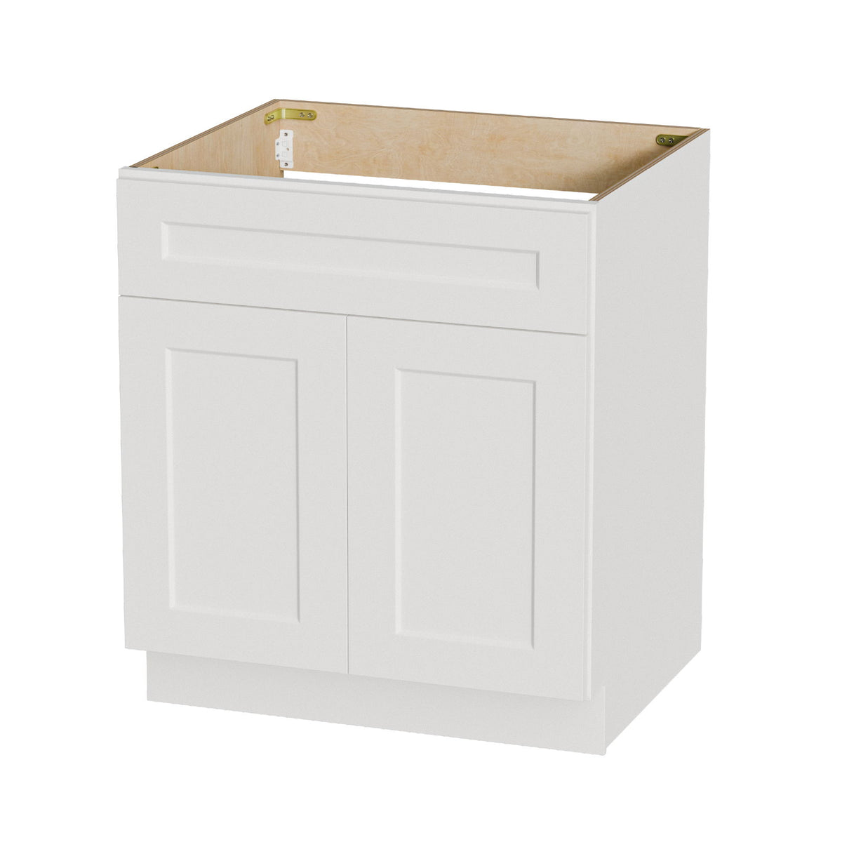 White shaker base cabinet with soft-close drawer and double doors, front view