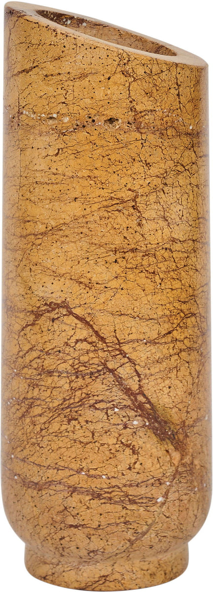 Light brown genuine marble vase with cracked veining, cylindrical shape