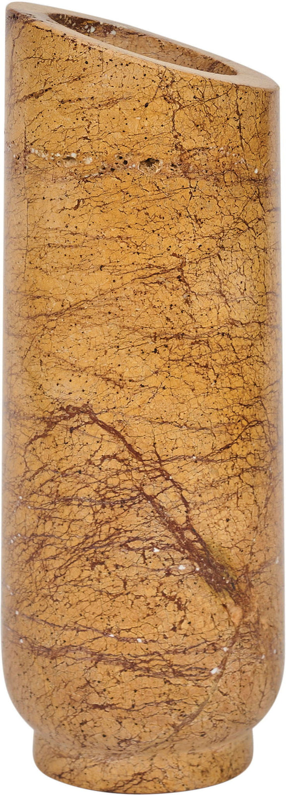 Light brown genuine marble vase with cracked veining, cylindrical shape