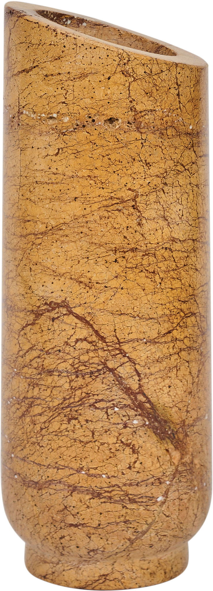 Light brown genuine marble vase with cracked veining, cylindrical shape