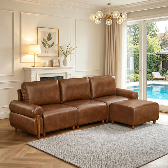 Dark brown modular sectional sofa with deep seating, padded arms, and chaise ottoman