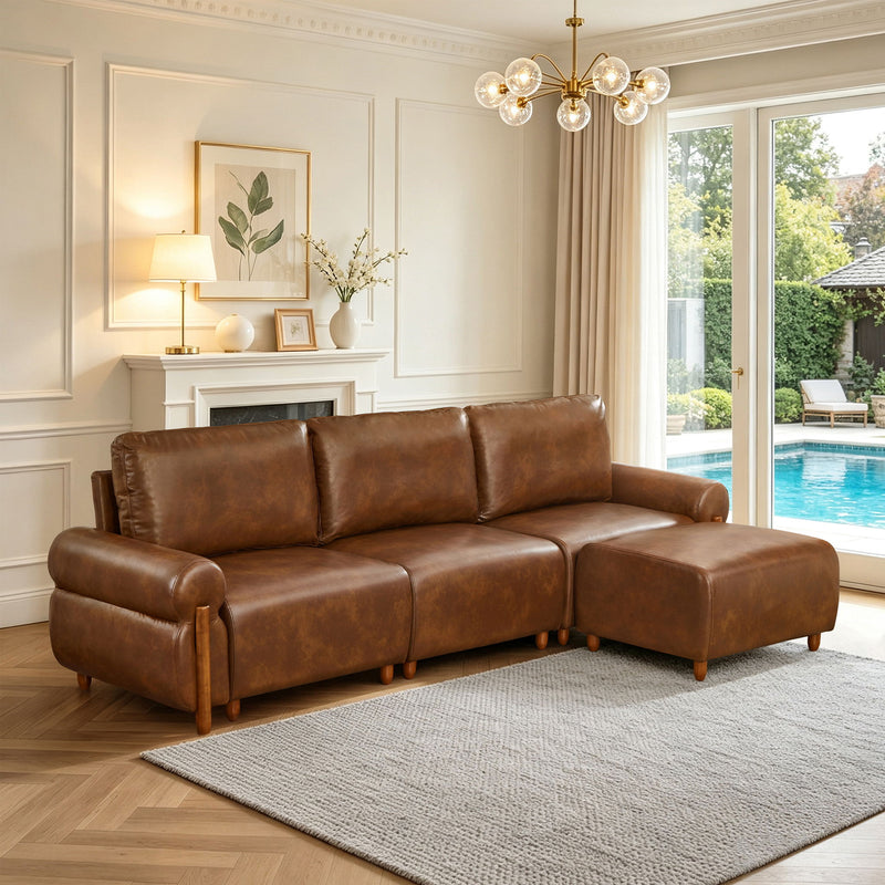 Dark brown modular sectional sofa with deep seating, padded arms, and chaise ottoman