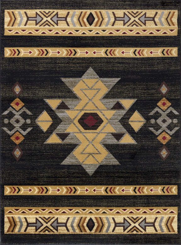 Southwest area rug with dark base, yellow and beige geometric patterns and border