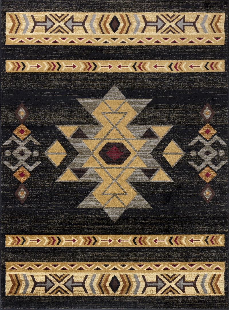 Southwest area rug with dark base, yellow and beige geometric patterns and border