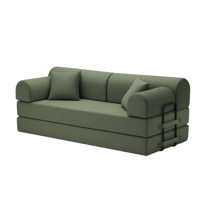 Green convertible sleeper sofa bed with three back cushions and metal handle