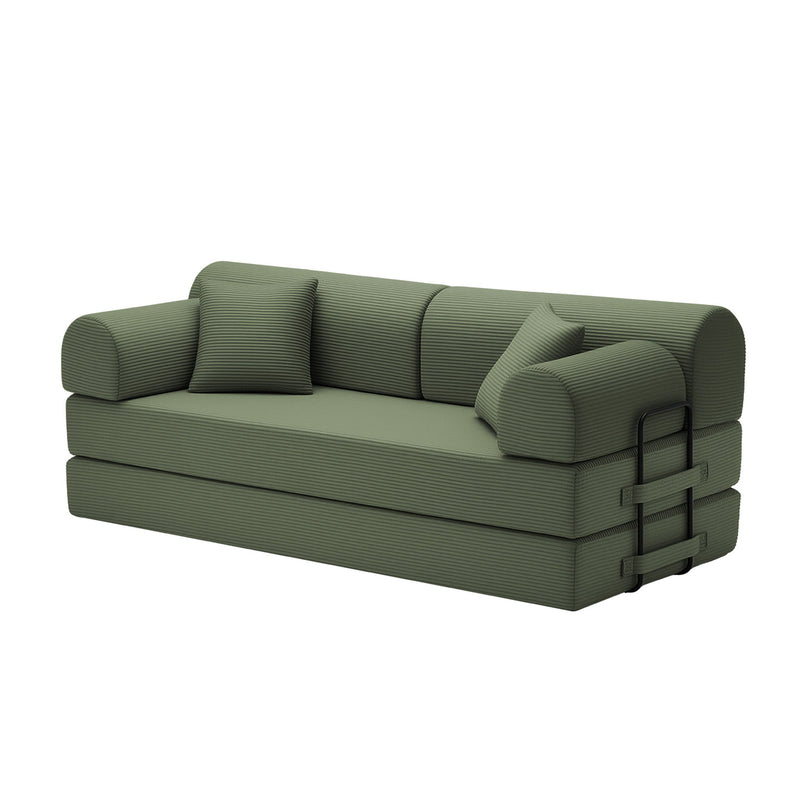 Green convertible sleeper sofa bed with three back cushions and metal handle