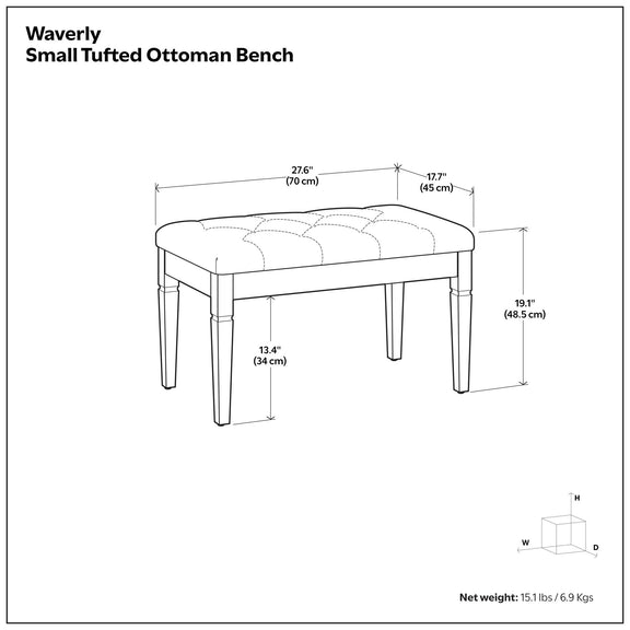 Small tufted ottoman bench diagram showing rounded tufted top and four slender legs