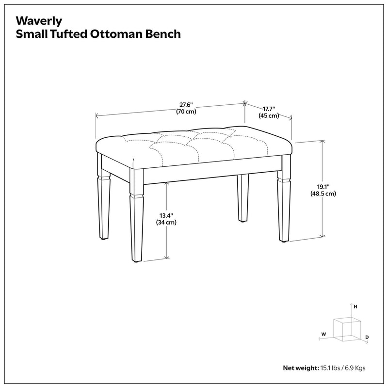 Small tufted ottoman bench diagram showing rounded tufted top and four slender legs
