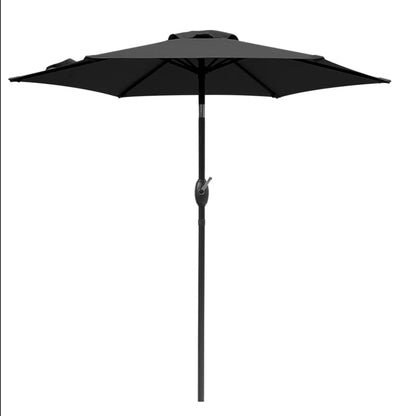 Black patio umbrella with crank lift and tilt, UV-resistant canopy and center pole