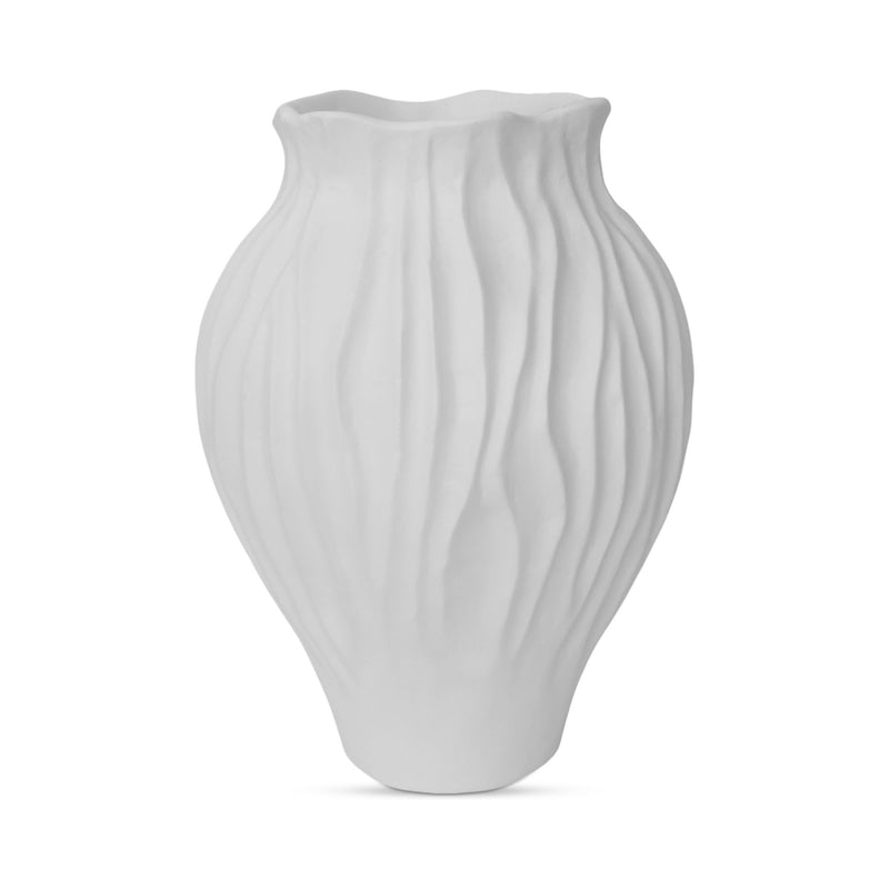 White ribbed ceramic vase with flared rim, 14-inch height