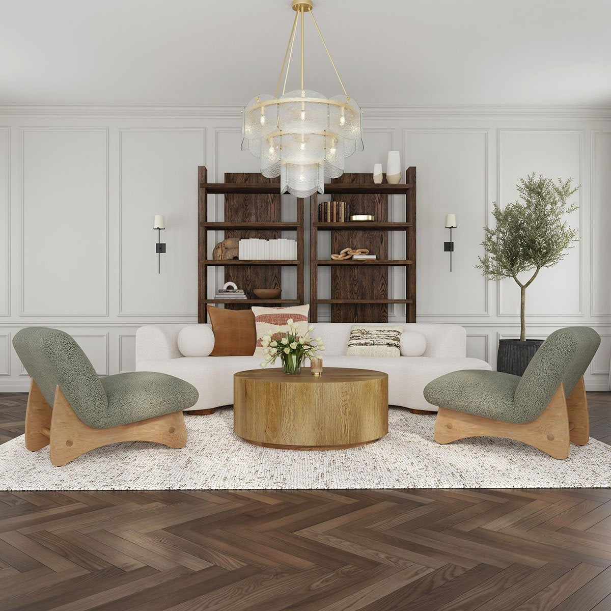 Natural round coffee table with smooth light-wood top and round base