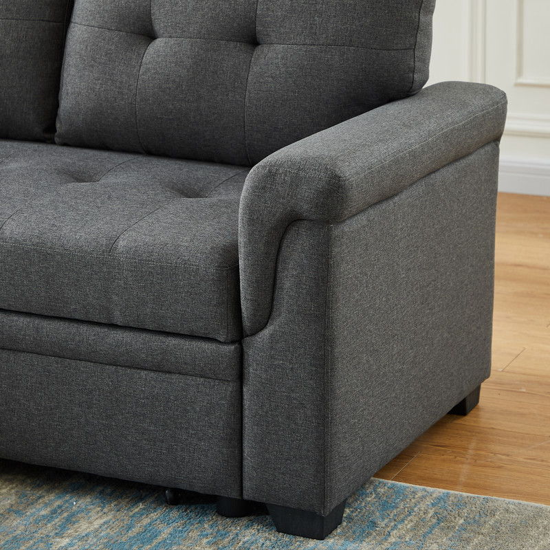 Dark gray reversible sleeper sectional sofa with storage chaise, padded arm close-up