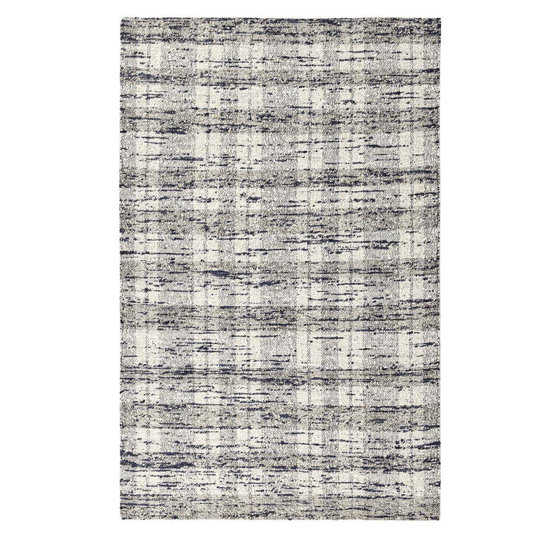 Abstract distressed area rug, light ivory with ink-blue grid and speckle
