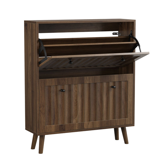 Walnut shoe cabinet with flip-top storage shelf and two-door cabinet base.