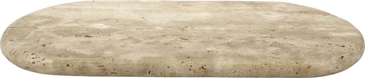 Beige travertine round serving tray with speckled veining and smooth rim