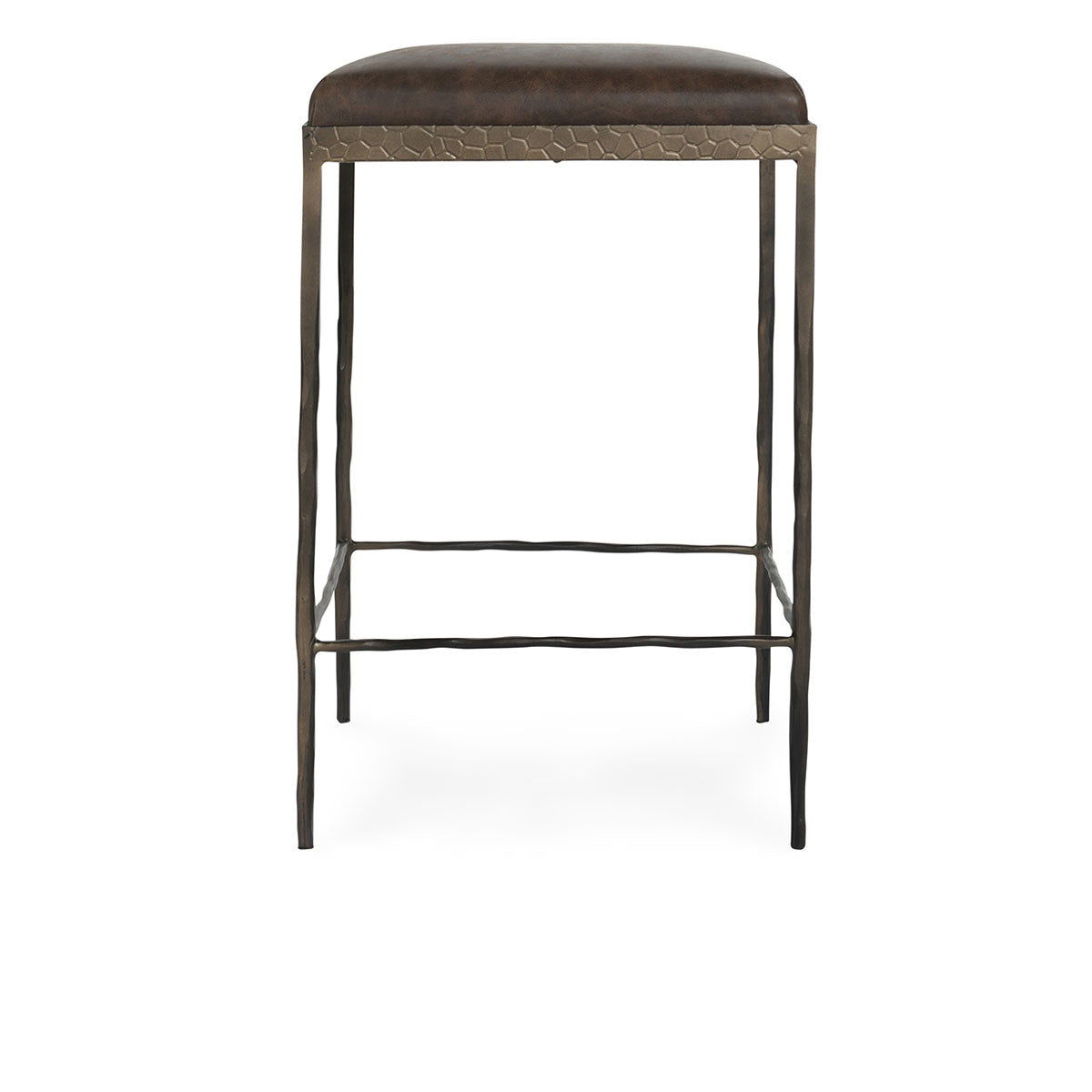 Brown leather counter stool with padded seat and metal cage frame