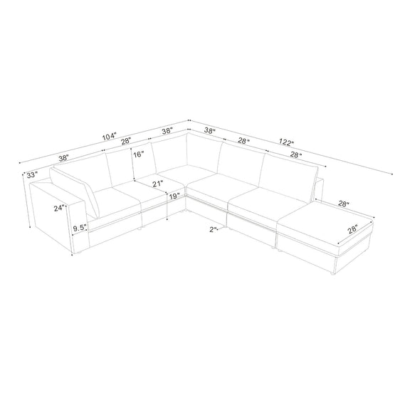 Modular sectional sofa layout diagram with corner seating and ottoman dimensions