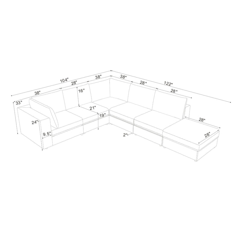 Modular sectional sofa layout diagram with corner seating and ottoman dimensions