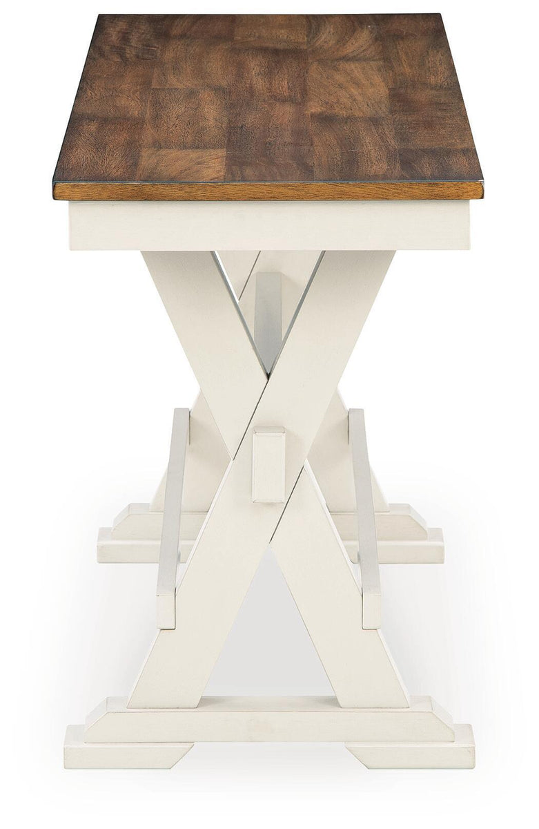 Dark brown wood dining bench with white X-shaped base and pedestal legs