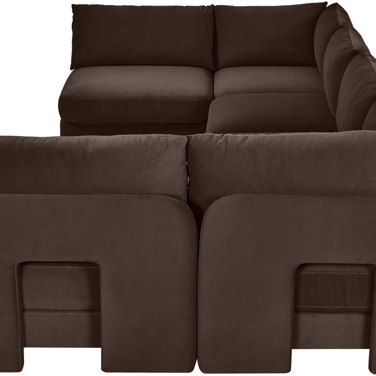 U-shaped armless sectional sofa, dark brown velvet upholstery with padded back cushions