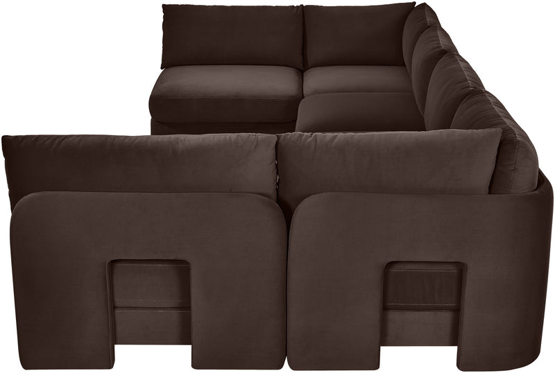U-shaped armless sectional sofa, dark brown velvet upholstery with padded back cushions